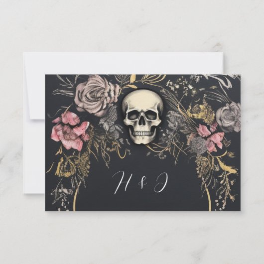 Gotische QR Code schedel bloemenbruiloft RSVP Kaartje (Achterkant)