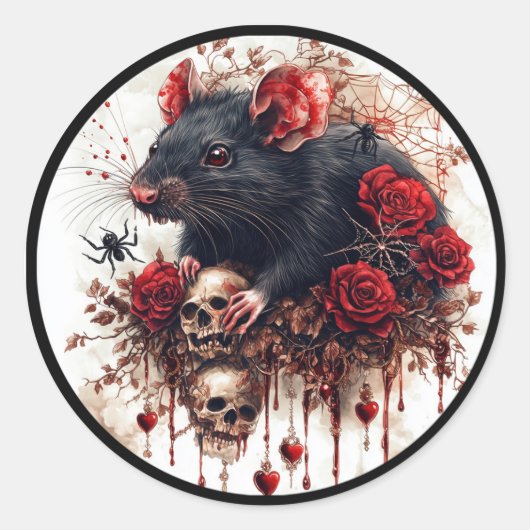 Gotische rat met Rozen en zwarte omtrek Ronde Sticker (Voorkant)