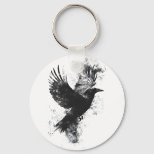 Gotische Raven Illustratie: Rook en Veren Sleutelhanger