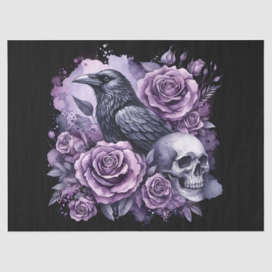 Gotische Raven Paarse Rozen schedel Decoupage Tissuepapier (Voorkant)