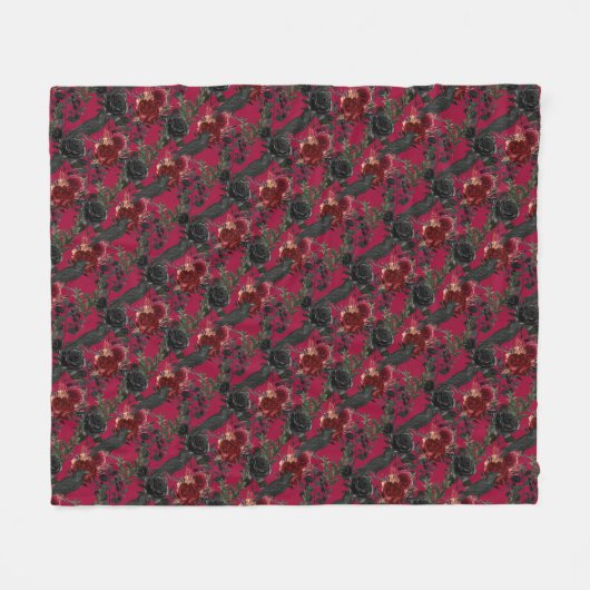 Gotische Ravens en Rozen Donkerrood Fleece Deken (Voorkant (Horizontaal))