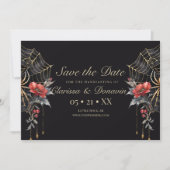 Gotische rode en gouden bloemenspinnenweb Handfast Save The Date (Voorkant)