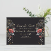 Gotische rode en gouden bloemenspinnenweb Handfast Save The Date (Staand voorkant)