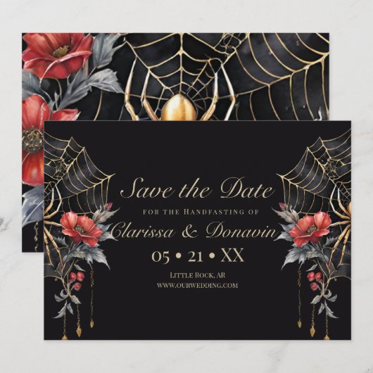 Gotische rode en gouden bloemenspinnenweb Handfast Save The Date (Voorkant / Achterkant)
