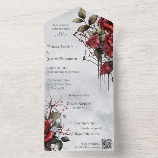 Gotische rode rozen met QR-code All In One Uitnodiging (Binnen)