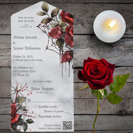 Gotische rode rozen met QR-code All In One Uitnodiging