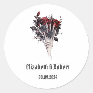 Gotische rode rozen skelet bruiloft ronde sticker