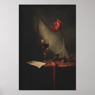 Gotische rode tulp wijnglas afdrukbaar stilleven poster