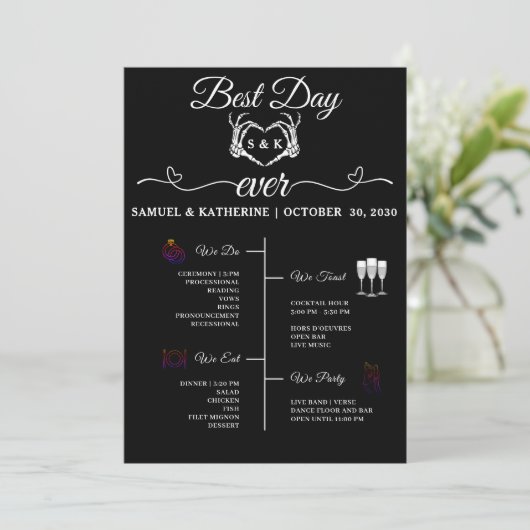 Gotische Romantische Skelet Hand Halloween Bruilof Programma (Staand voorkant)