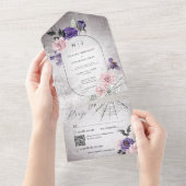 Gotische Roze & Paarse Bloemen Halloween QR Code All In One Uitnodiging (Afscheurbaar)