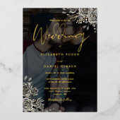 Gotische Rozen Bloem Foto Bruiloft Zwart En Goud Folie Uitnodiging (Voorkant)