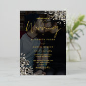 Gotische Rozen Bloem Foto Bruiloft Zwart En Goud Folie Uitnodiging (Staand Voorkant)