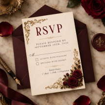 Gotische rozen bordeauxrode trouw-RSVP bijlagekaar