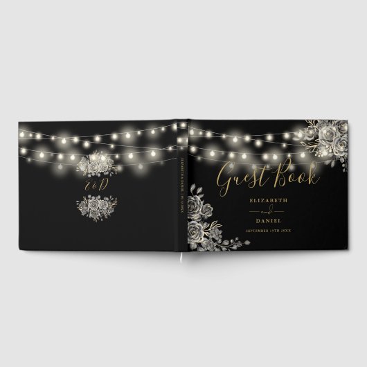 Gotische Rozen Zwart en Goud String Lights Bruilof Gastenboek (Volledig)