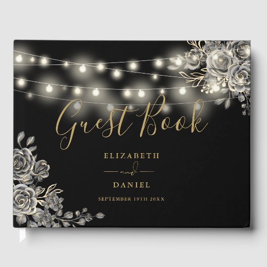 Gotische Rozen Zwart en Goud String Lights Bruilof Gastenboek (Voorkant)