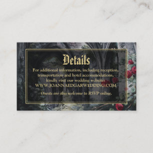 Gotische ruïnes bloem zwart en goud trouwdetails informatiekaartje