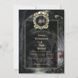 Gotische Ruïnes Rozen Monogram All In One Trouwdag Kaart