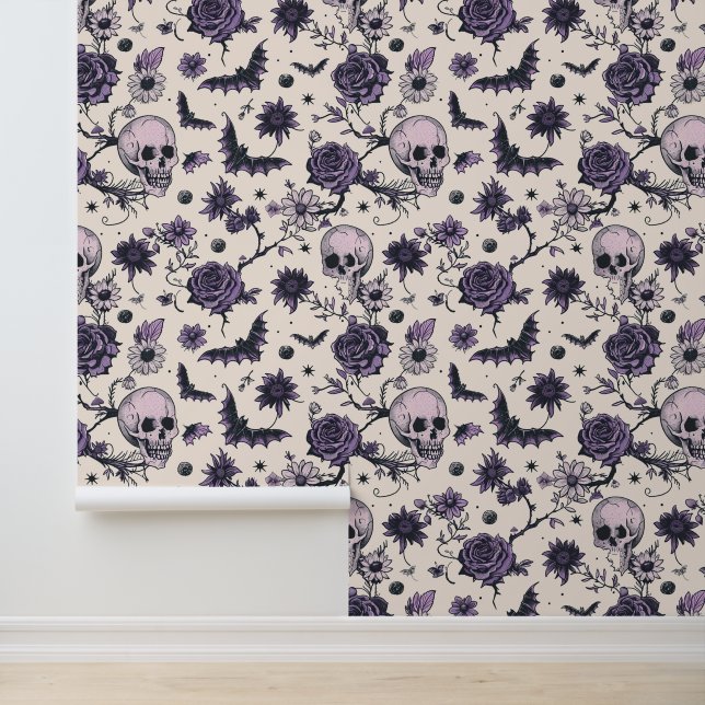 Gotische schedel Bloemen Schedel Vleermuis Behang (Applicatie)