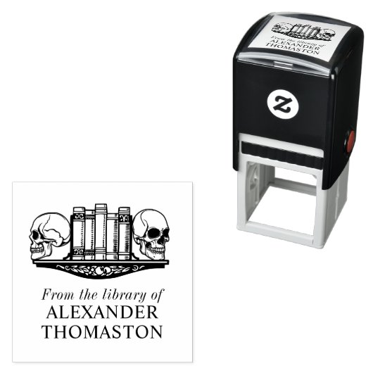 Gotische schedel boeksteunen op een plank biblioth zelfinktende stempel (In situ)