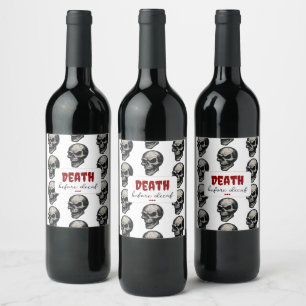 Gotische schedel ‘Dood voor decaf’ Spooky Funny Wijn Etiket