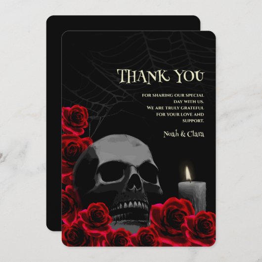 Gotische schedel en rode rozen Halloween bruiloft Bedankkaart (Voorkant / Achterkant)