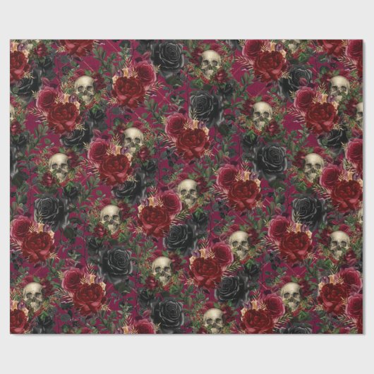 Gotische Schedel en Rozen Rood en Zwart Cadeaupapier (Vlak)