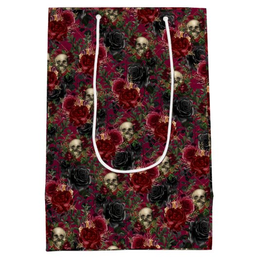 Gotische Schedel en Rozen Rood en Zwart Medium Cadeauzakje (Achterkant)