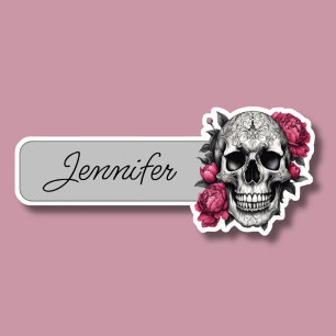 Gotische schedel met roze pioenen ID Sticker