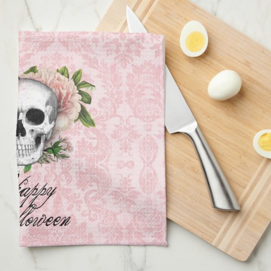 Gotische schedel met Rozen Halloween Theedoek (Quarter Fold)