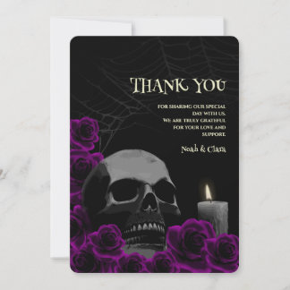 Gotische schedel Paarse Rozen Halloween bruiloft Bedankkaart