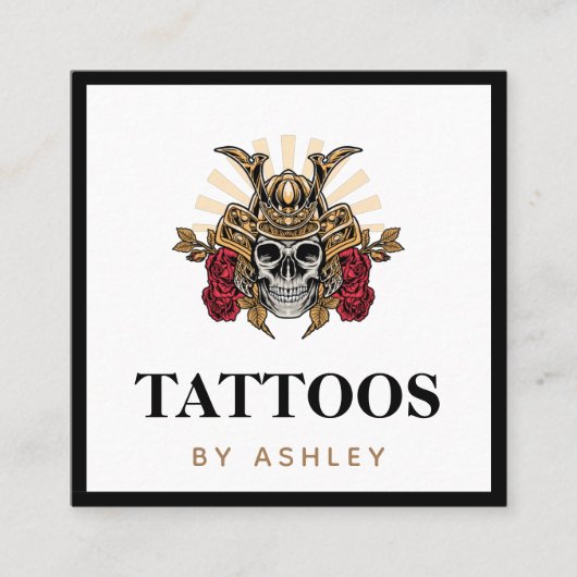 Gotische schedel & Samurai Helm Moderne Tattoo Art Vierkante Visitekaartje (Voorkant)
