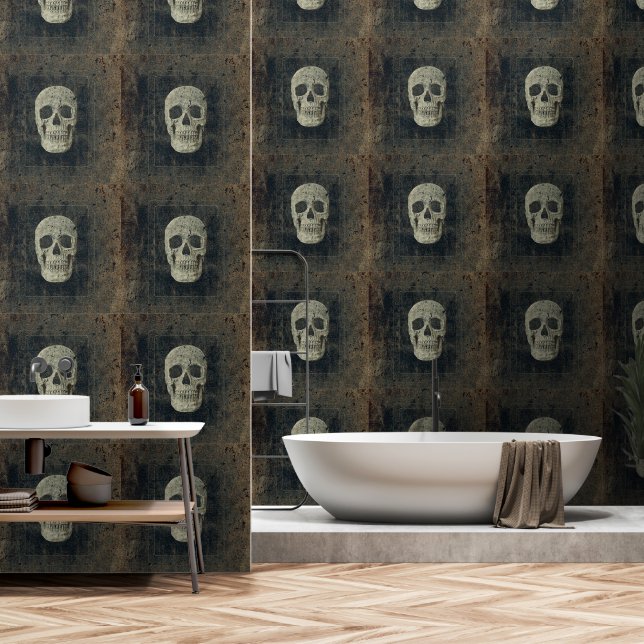 Gotische schedel  Sepia Zwart Grunge Textuur Behang (Badkamer)