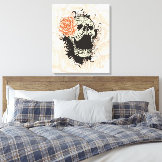 Gotische schedel & sinaasappel roos verpakt canvas (Insitu (Slaapkamer))