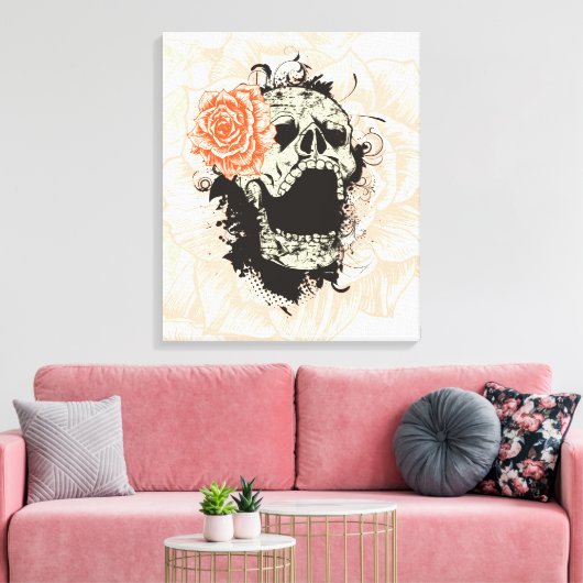 Gotische schedel & sinaasappel roos verpakt canvas (Insitu (Woonkamer))