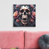 Gotische schedel versierd met Rozen Canvas Afdruk (Insitu (Woonkamer))