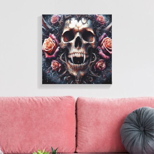 Gotische schedel versierd met Rozen Canvas Afdruk (Insitu (Woonkamer))