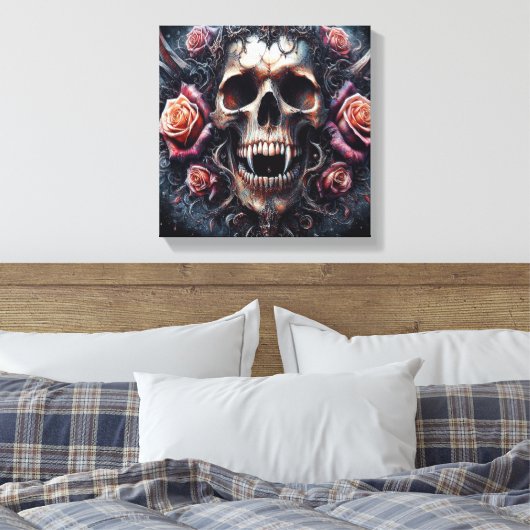 Gotische schedel versierd met Rozen Canvas Afdruk (Insitu (Slaapkamer))
