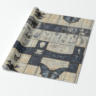 Gotische Schedel & Vleermuis Denim Collage Cadeaupapier