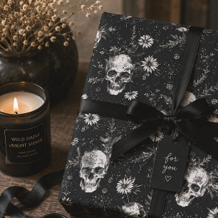 Gotische Schedel & Wilde Bloemen Zwarte Bloemstukk Cadeaupapier