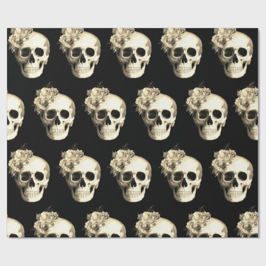 Gotische schedel wit roos patroon Halloween Cadeaupapier (Vlak)