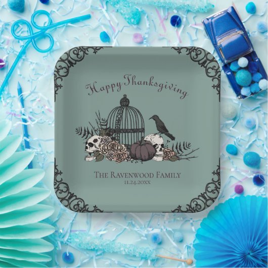 Gotische schedels, pompoen & herfstbladeren Thanks Papieren Bordje (Feest)