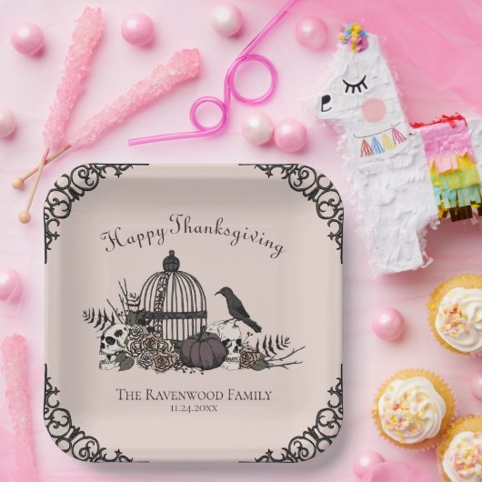 Gotische schedels, pompoen & herfstbladeren Thanks Papieren Bordje (Feest)