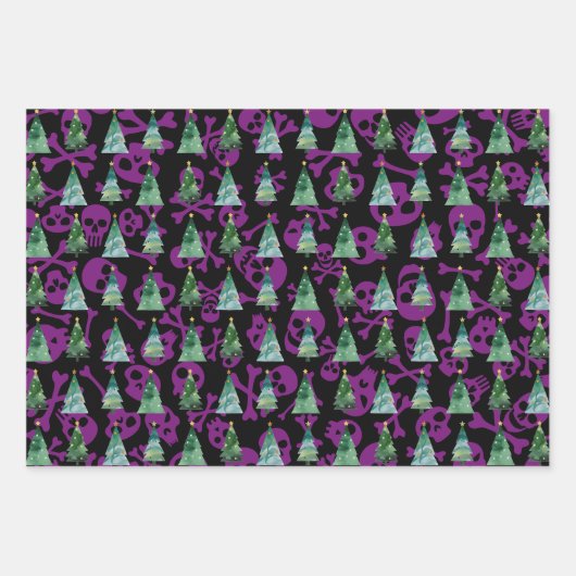 Gotische schedels Rood Paarse Blauwe Kerstbomen Inpakpapier Vel (Voorkant 2)
