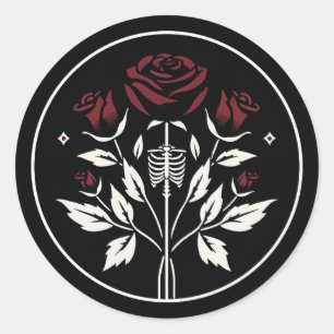 Gotische Skelet Rib Rozen Zwart Elegant Trouwfeest Ronde Sticker
