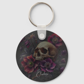 Gotische sombere schedel met bloemen sleutelhanger