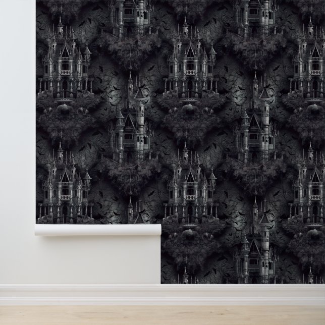 Gotische spookhuizen en vleermuizen Halloween Behang (Applicatie)