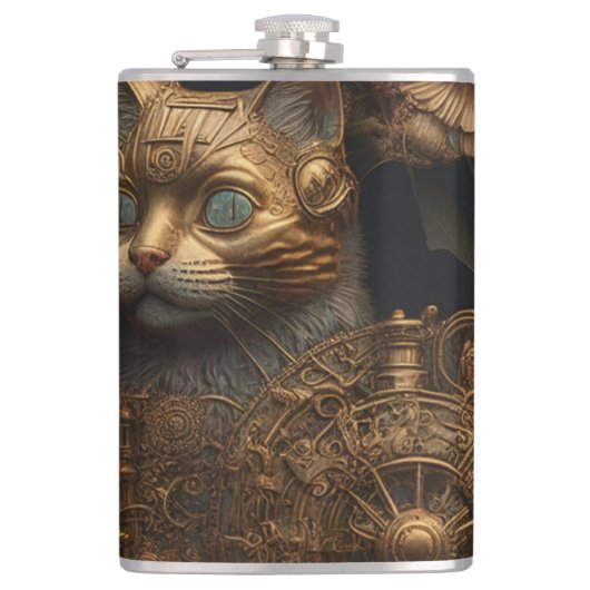 Gotische Steampunk Gouden Kat Heupfles (Voorkant)