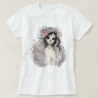 Gotische Suiker Schedel Meisje Bloemenkroon T-Shir T-shirt