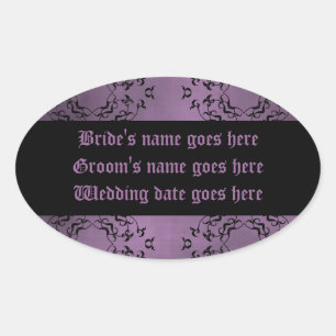 Gotische vieze paarse damask trouwlabels ovale sticker