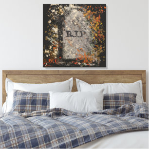 Gotische vintage R.I.P. grafsteen en herfstbladere Canvas Afdruk